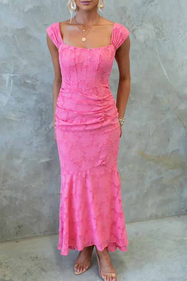 Unreal Beauty Floral Textured Material Ruched Fishtail Maxi Dress-consonak