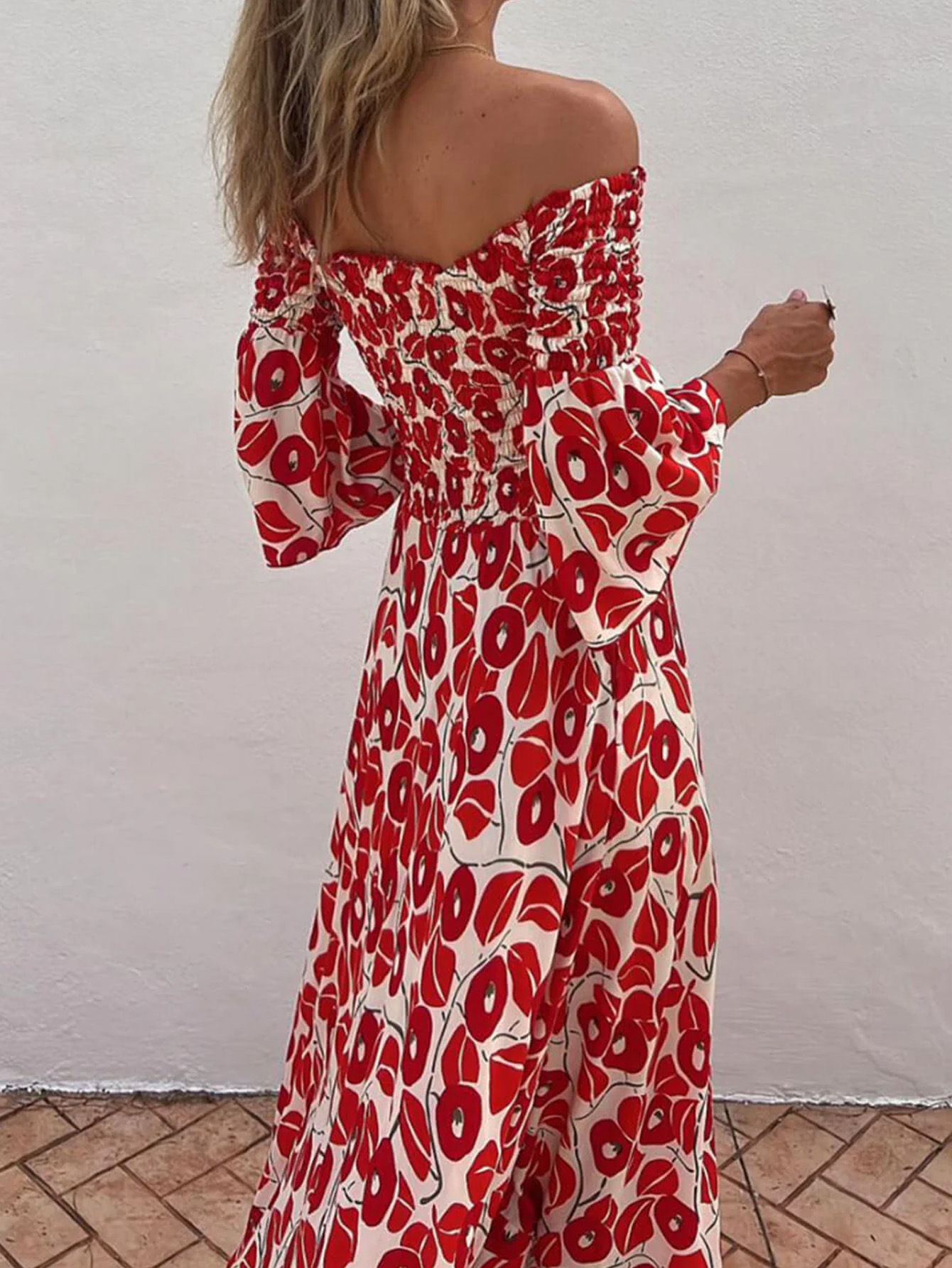 Ladies' Vacation Flower Street Elegant Printed Off Shoulder Waist Pocket Long Dress | Consonak