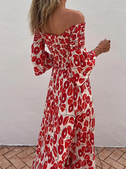 Ladies' Vacation Flower Street Elegant Printed Off Shoulder Waist Pocket Long Dress-consonak