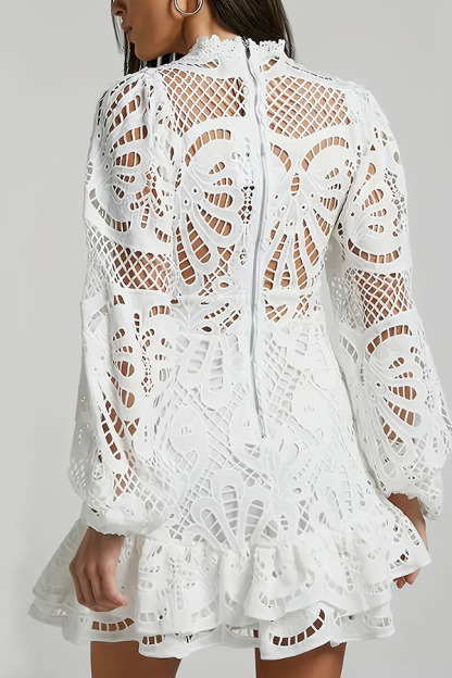 Solid Color Hollow Long-sleeved Waisted Lace Mini Dress-consonak