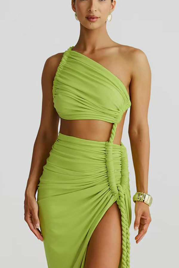 Juliana Rope Detail Ruched One Shoulder Cutout Stretch Maxi Dress-consonak
