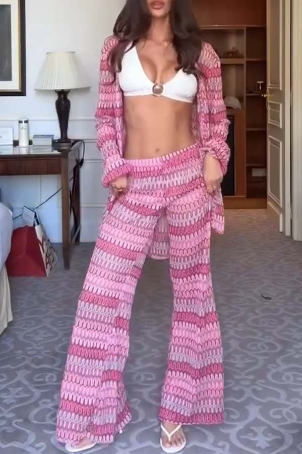 Beach Style Knit Unique Print Long Sleeve Kimono Shirt and Stretch Wide Leg Pants Set-consonak