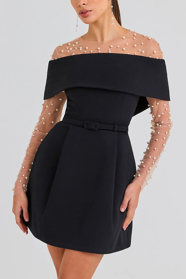 Elegant Evening Lapel Bandeau Removable Belt Pocketed Mini Dress-consonak