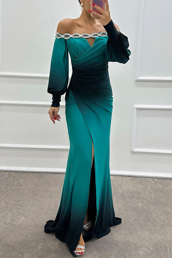 Julieta Gradient Print Boat Neck Off Shoulder Gem Detail Slit Gown Maxi Dress | Consonak