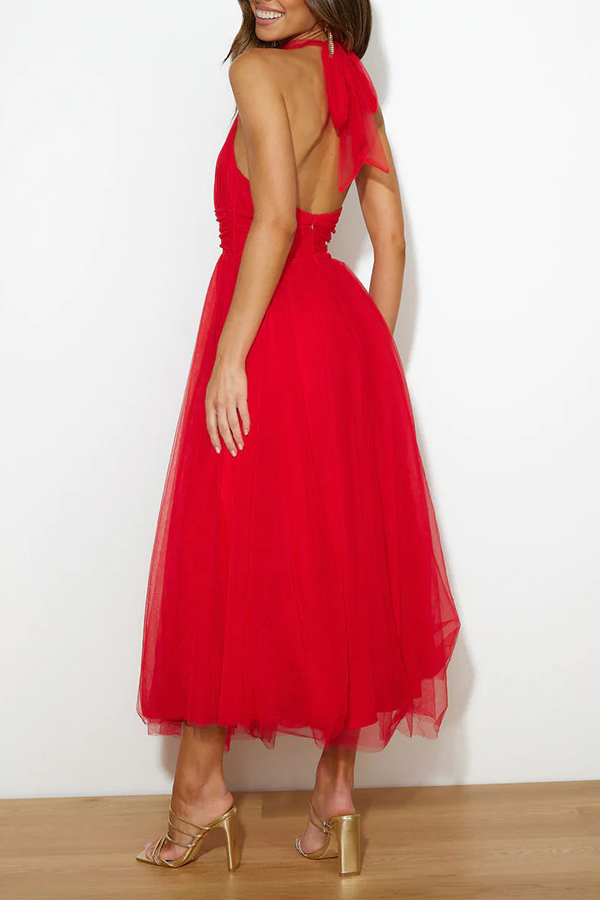 Fairy Vibes Tulle Gathered Detail Halter Maxi Dress-consonak
