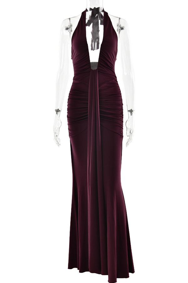 Solid Color Elegant Halterneck V-neck Open Back Tie Gathered Maxi Dress | Consonak