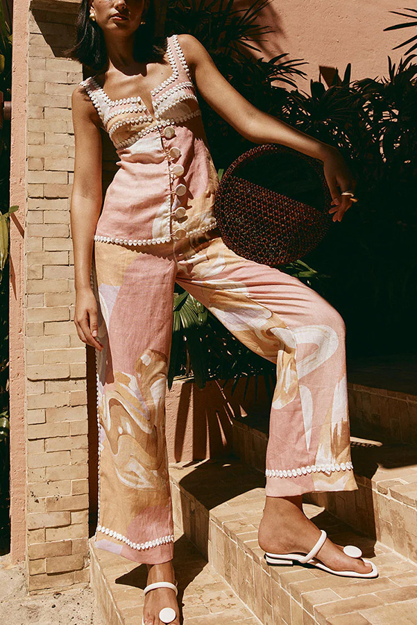 European Summer Linen Blend Ric Rac Trims Unique Print Button Tank-consonak