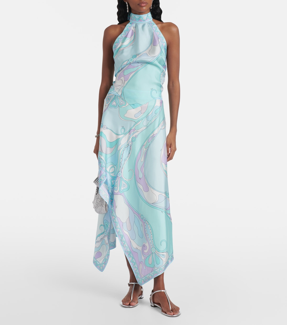 Satin Unique Print Halter Top and Irregular Midi Skirt Set-consonak