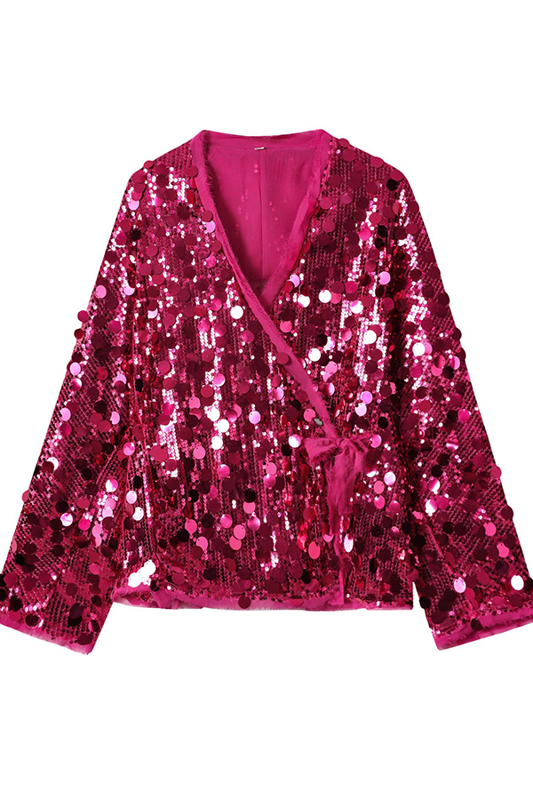 Fashion Sequined Long-sleeved V-neck Loose Lace-up Cardigan-consonak