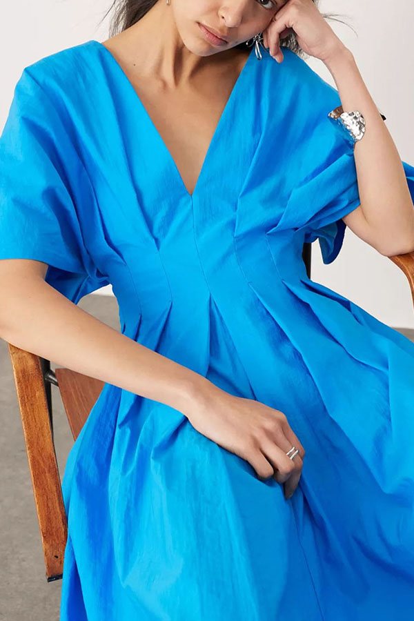 Antibes Linen Blend Princess Line Pleated Wide Puff Sleeve Midi Dress-consonak