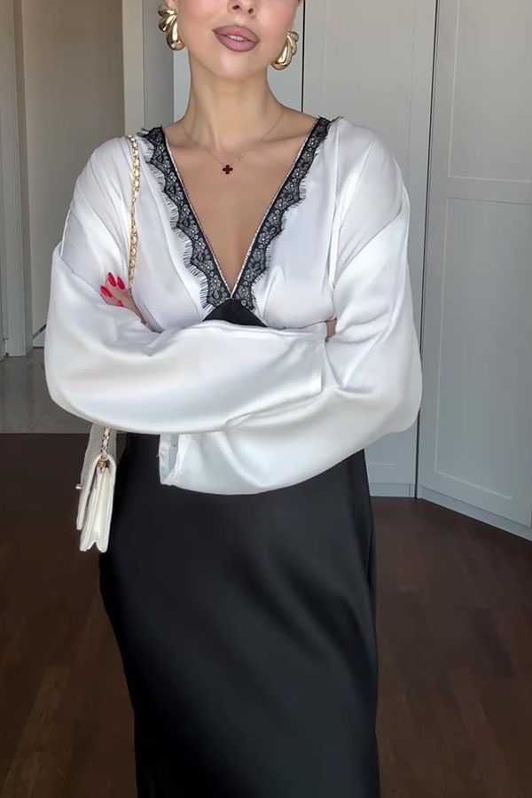 Lainei Contrast Color Satin Lace Trim V-neck Long Sleeve Maxi Dress-consonak