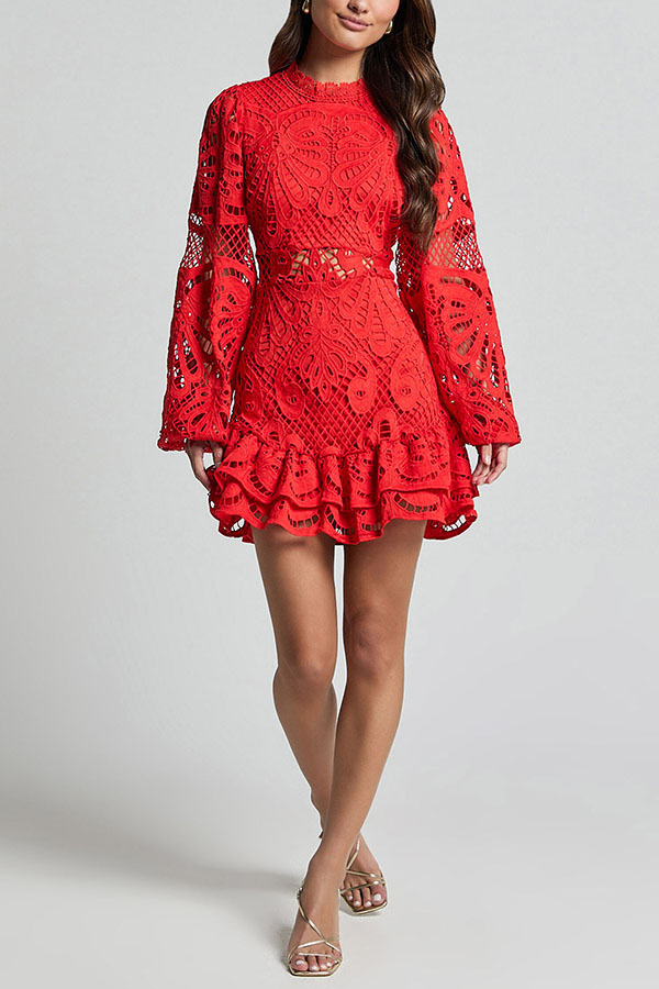 Solid Color Hollow Long-sleeved Waisted Lace Mini Dress-consonak