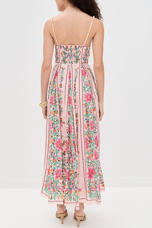Linen Blend Delicate Forest Unique Print Sweetheart Neck Beaded Straps Maxi Dress | Consonak