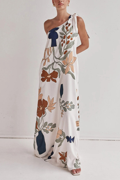 Matches The Vacation Unique Print One Shoulder Tie-up Pocketed Loose Maxi Dress-consonak