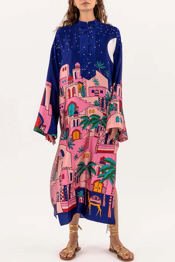 Seaside Stroll Satin Unique Print Button Up Long Sleeve Slit Kaftan Midi Dress-consonak