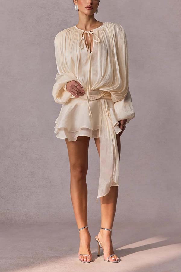 Ninah Glitter Fabric Pleated Balloon Sleeve Tiered Ruffle Hem Mini Dress-consonak