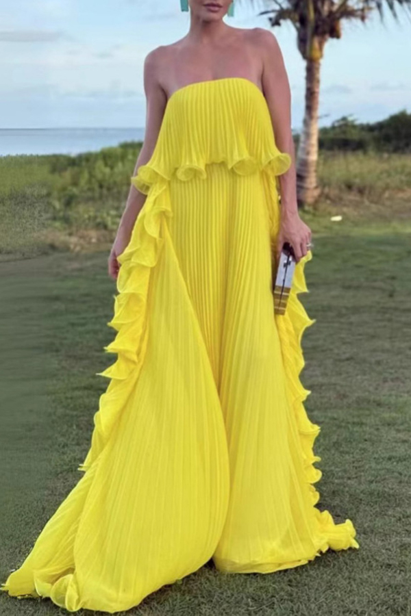 Reina Chiffon Pleated Wavy Ruffles Trim Strapless Loose Maxi Dress-consonak