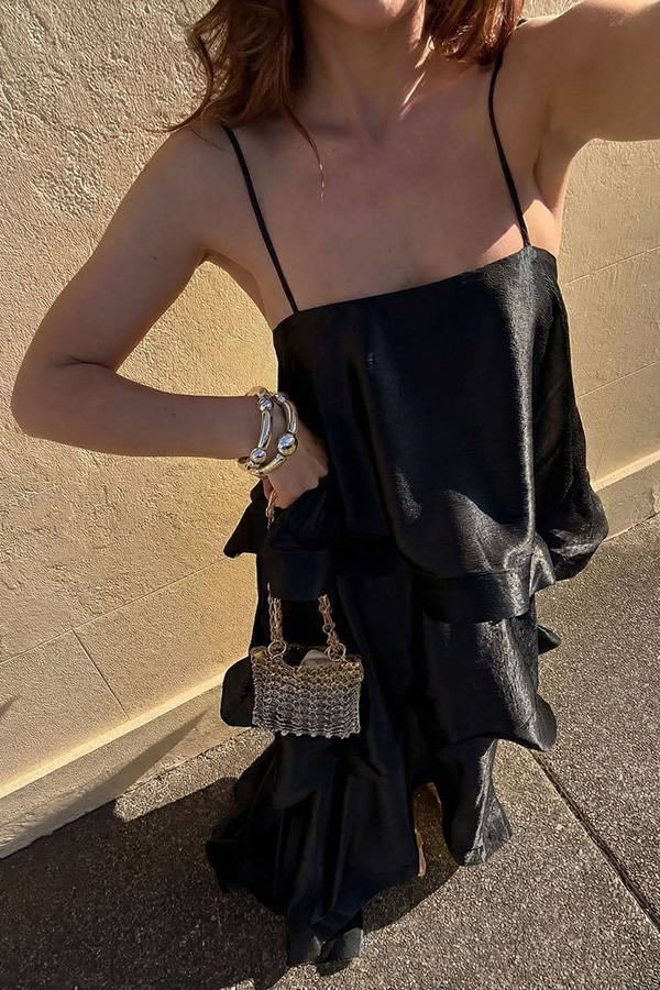 Soft and Smooth Satin Tiered Slip Square Neck A-line Maxi Dress