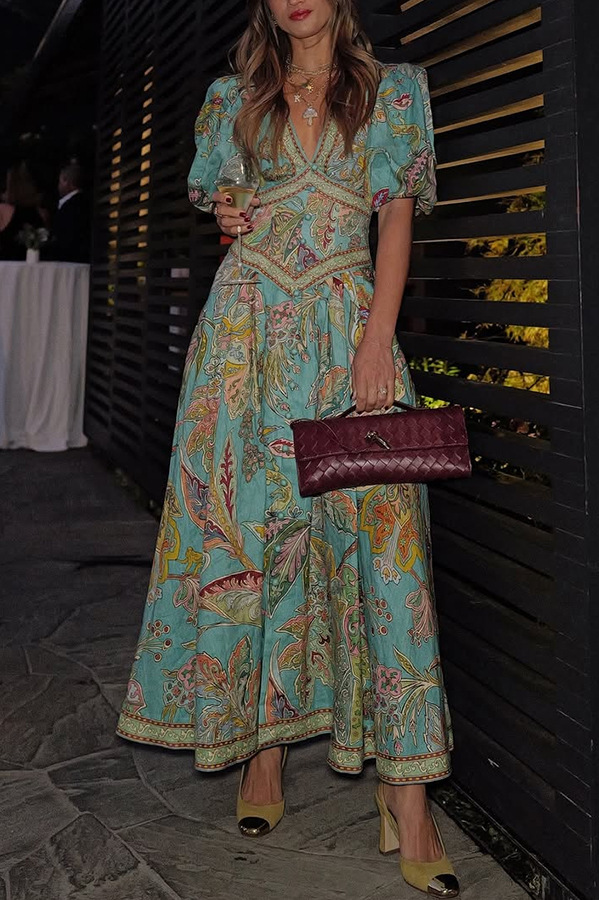 Chic Vacation Linen Blend Unique Print Button Puff Sleeve Pocket Maxi Dress-consonak