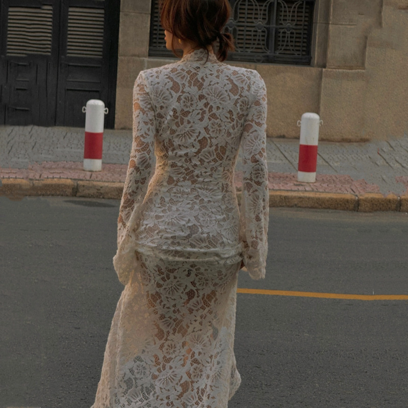 Garcelle Floral Lace Lace-up Long Bell Sleeve Slit Midi Dress-consonak