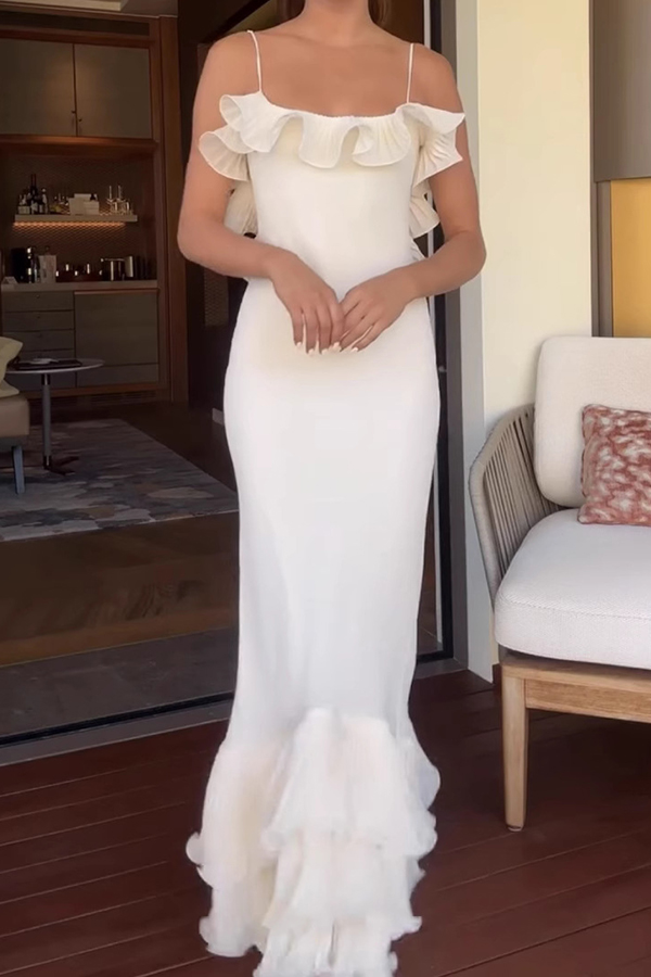 Alisin Pleated Chiffon Wavy Ruffles Trim Slip Maxi Dress-consonak