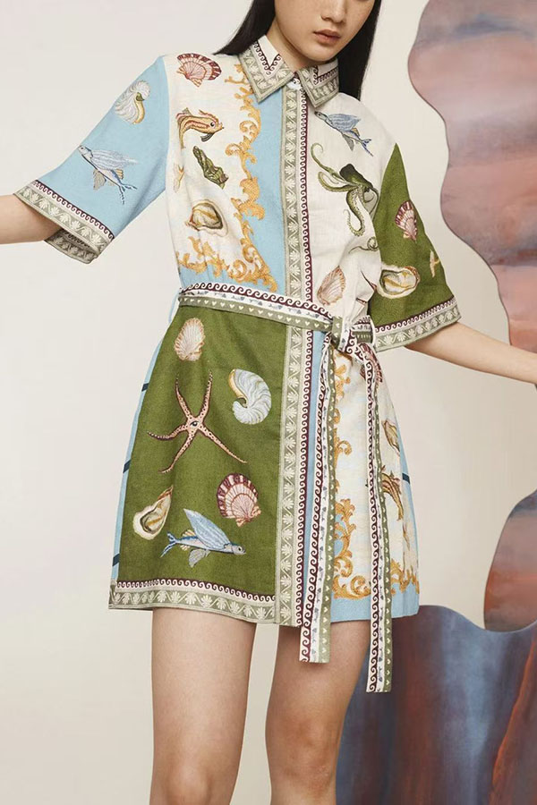 Deep Sea Dreaming Linen Blend Unique Print Tie-up Pocketed Shirt Mini Dress-consonak
