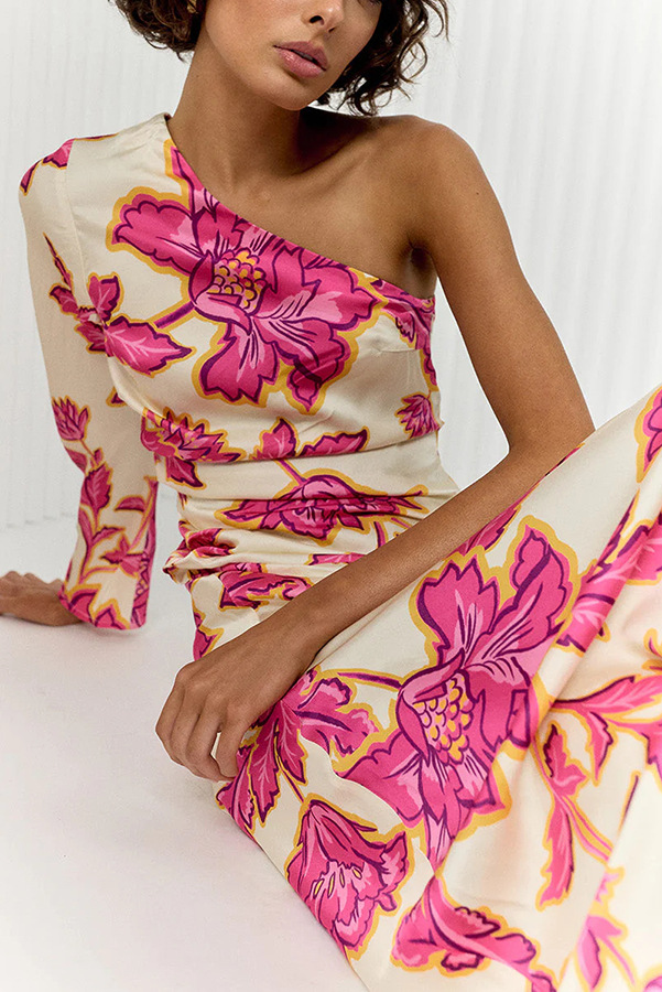 Rhia Satin Floral Print One Shoulder Flared Maxi Dress | Consonak