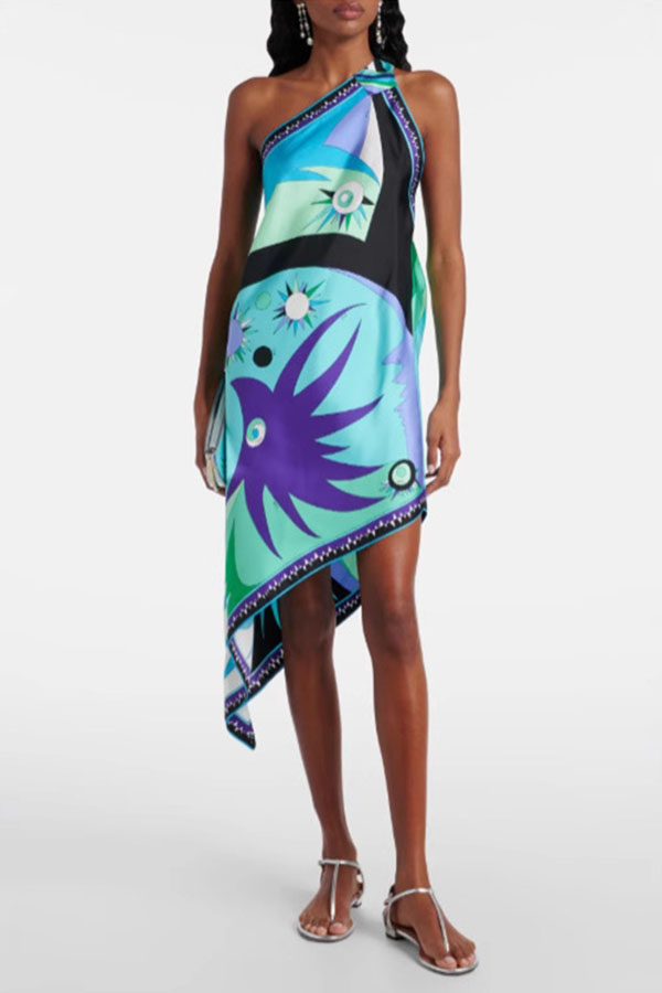 Naughty Lady Satin Unique Print One Shoulder Irregular Hem Vacation Midi Dress-consonak