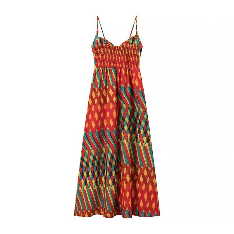 Spaghetti Strap Contrast Print Swing Maxi Vacation Dress-consonak