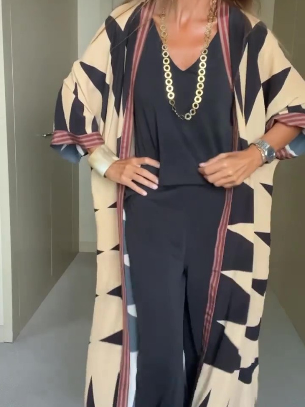 Vintage Pattern Open Front Loose Duster Kimono Cover Up-consonak