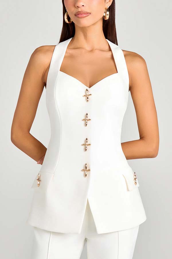 Women Power Metal Cross Snap Button Sweetheart Neck Wide Strap Vest-consonak