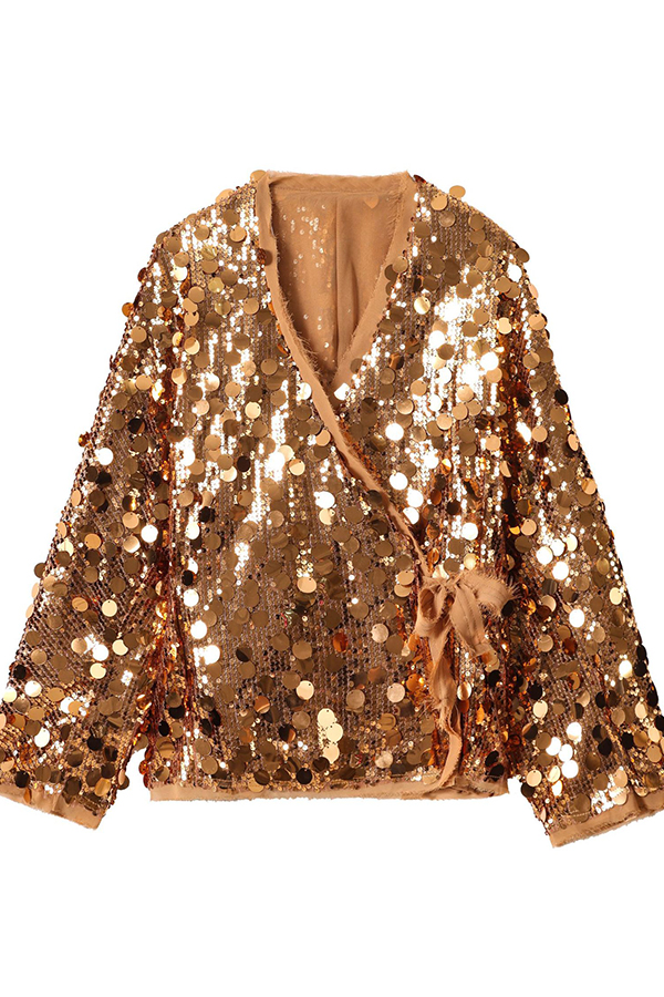 Fashion Sequined Long-sleeved V-neck Loose Lace-up Cardigan-consonak