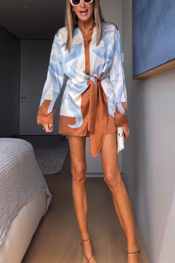 Lake Days Satin Colorblock Unique Print Tie-up Shirt Mini Dress-consonak