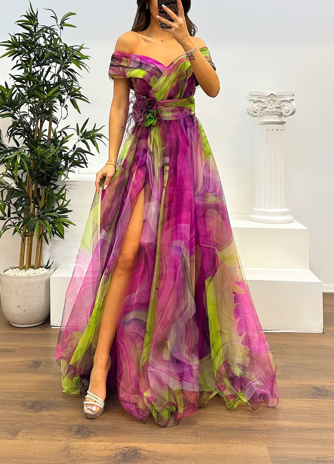 Fairy Flower Feather Pendant Elegant Fallen Fold Off Shoulder Party Split Design Long Dress-consonak