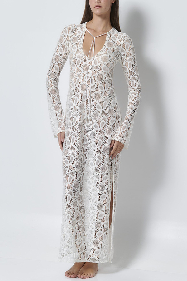 Women's Lace Lace White Lucky Flower Dress Long, Long Sleeve Sheer Tie INS Loose Holiday Split Dresses-consonak