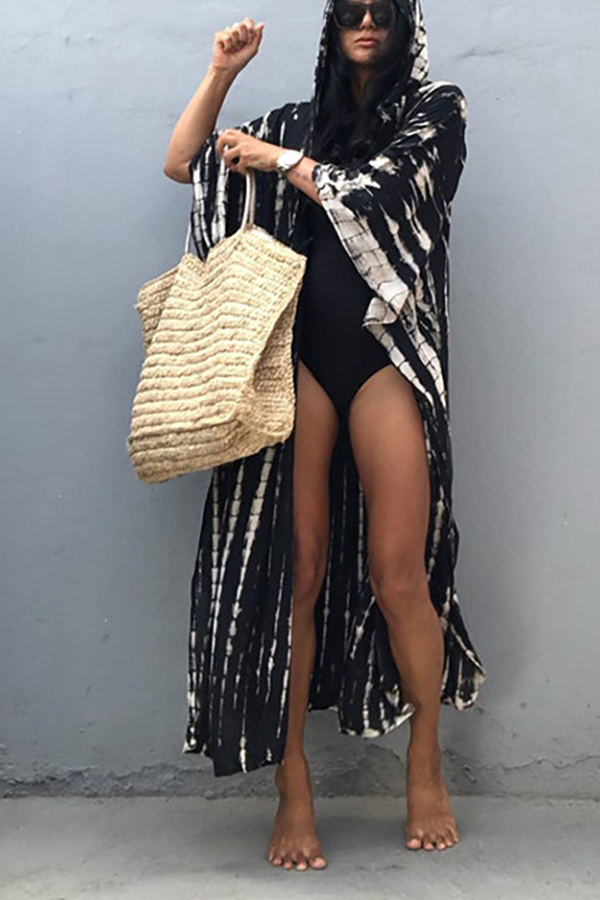 Boho Tie-dye Print Hooded Kimono Cover-up-consonak