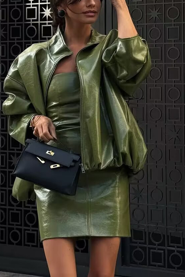 Solid Color Loose Long Sleeve Pocket Casual Leather Jacket-consonak