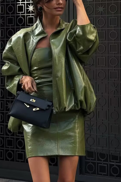 Solid Color Loose Long Sleeve Pocket Casual Leather Jacket-consonak