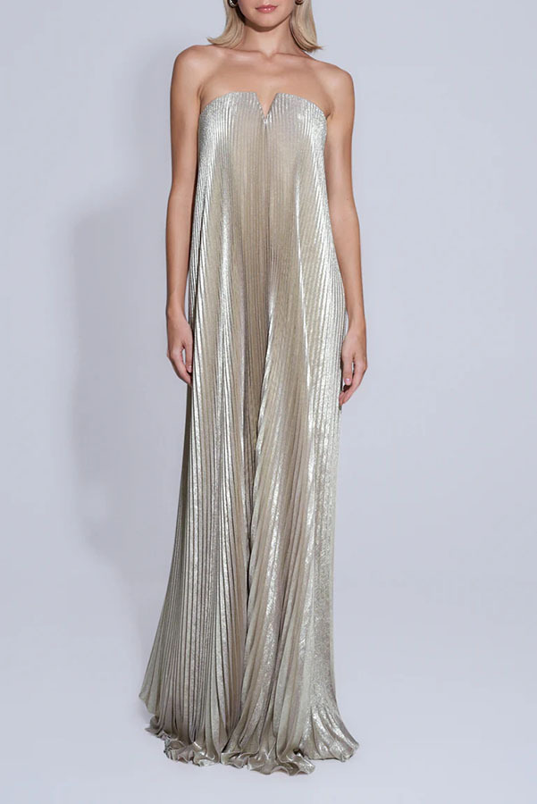Maya Pleated Metallic Fabric Off Shoulder Asymmetric Hem A-line Maxi Dress | Consonak