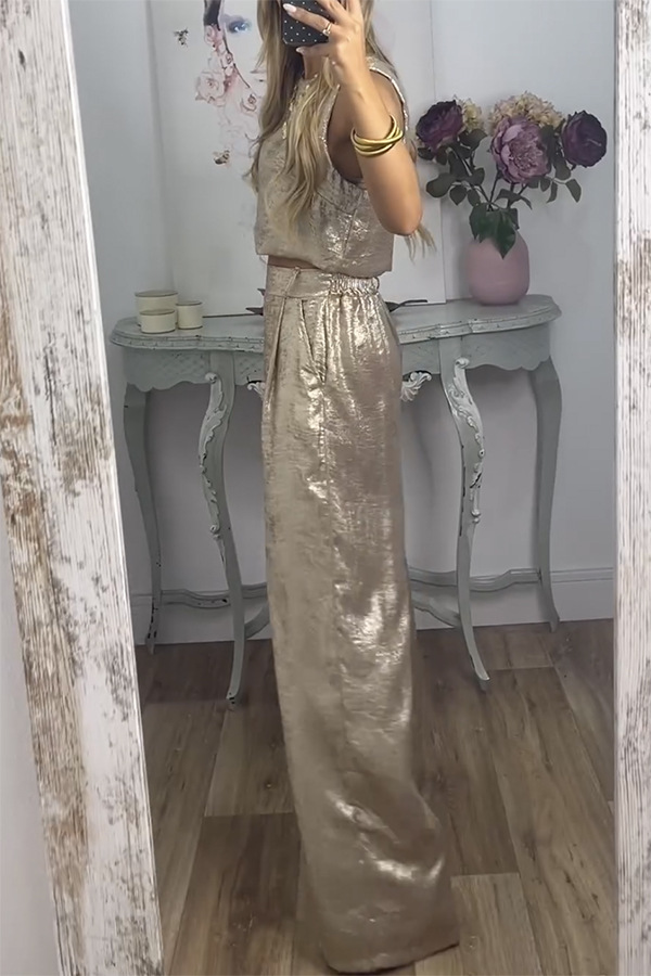 Rita Metallic Fabric Back Buttons Crop Tank and Elastic Waist Pocketed Wide Leg Pants Set | Consonak
