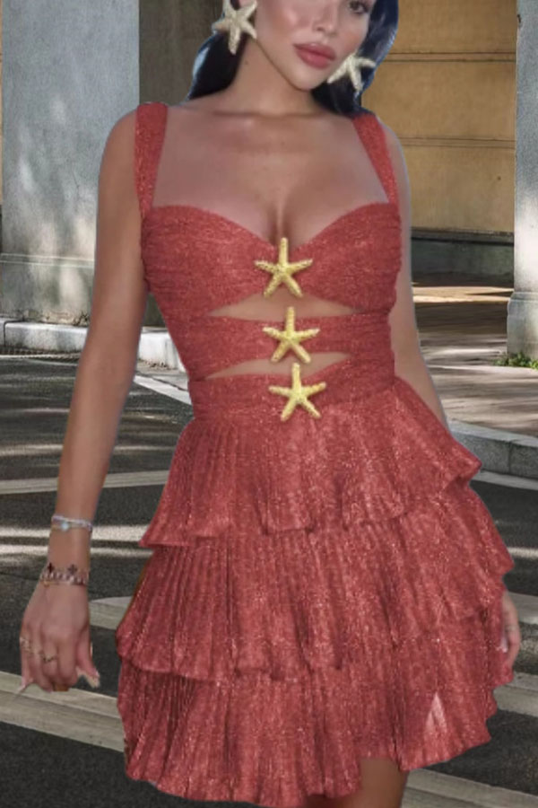 Little Mermaid Glitter Fabric Metal Starfish Hollow Layered Stretch One-piece Swimsuit-consonak