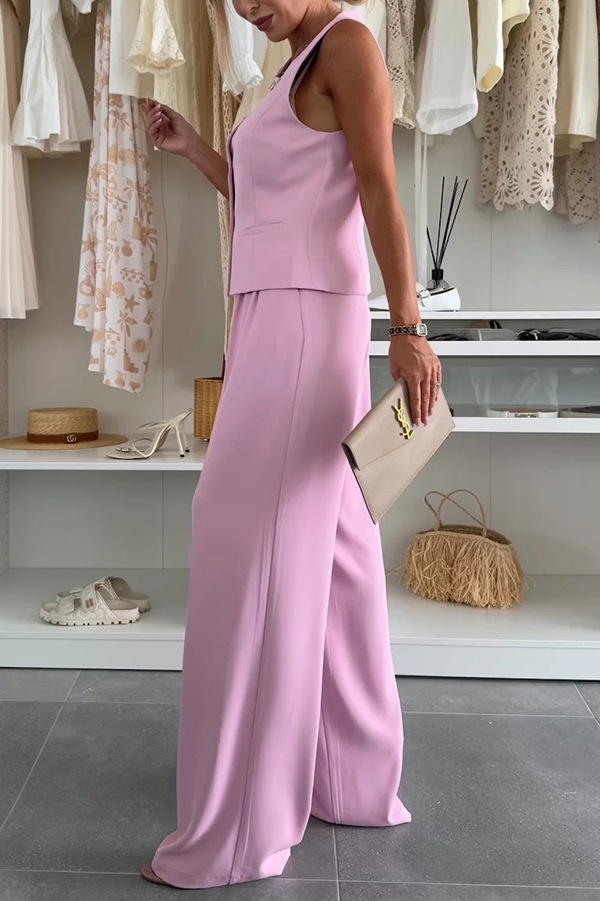 Workplace Chic Sleeveless Button Vest and Relaxed Pocket Wide Leg Pants Set-consonak