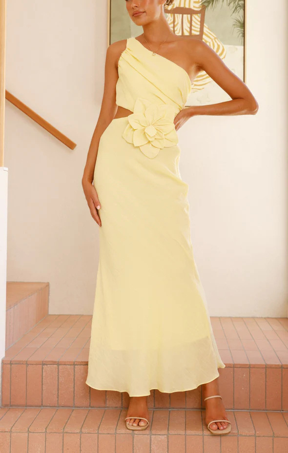 Bloom Summer 3d Flower Ruched One Shoulder Cutout Maxi Dress-consonak