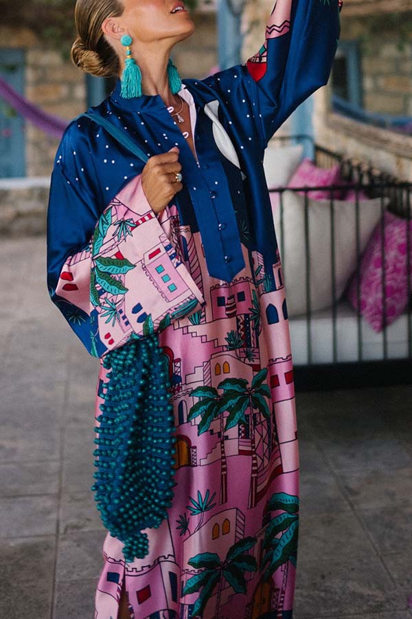 Seaside Stroll Satin Unique Print Button Up Long Sleeve Slit Kaftan Midi Dress-consonak
