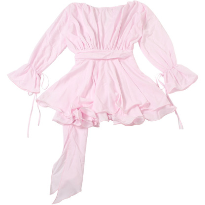 Solid Color Long Sleeve V-Neck Lace-Up Elegant Flower Decorated Mini Dress-consonak