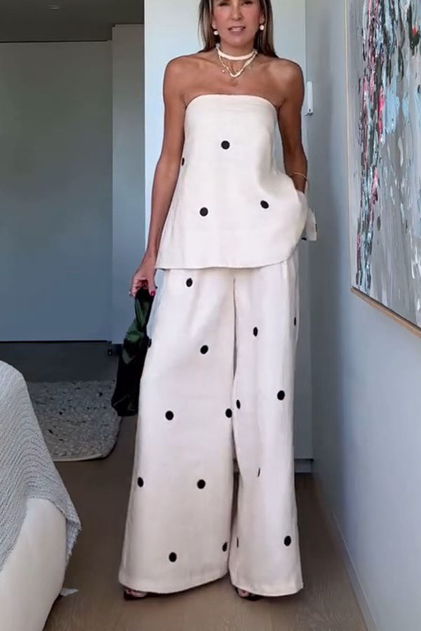 Linen Blend Polka Dot Bandeau Top and Elastic Waist Pocket Wide Leg Pants Set | Consonak