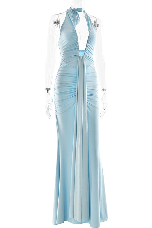Solid Color Elegant Halterneck V-neck Open Back Tie Gathered Maxi Dress-consonak