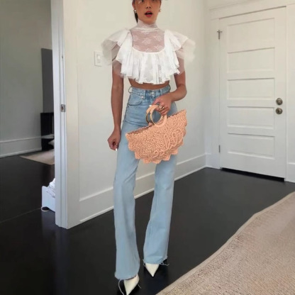 Kathlyn Lace Layered Tulle High Neck Ruffle Cropped Top-consonak