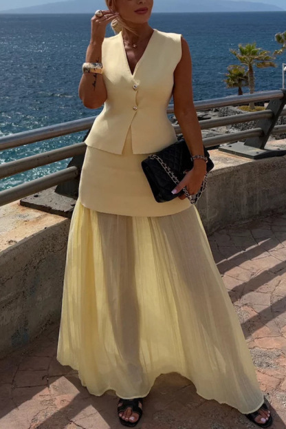 Stylish and Elegant Knit Spliced Tulle Elastic Waist Pleated Maxi Skirt-consonak