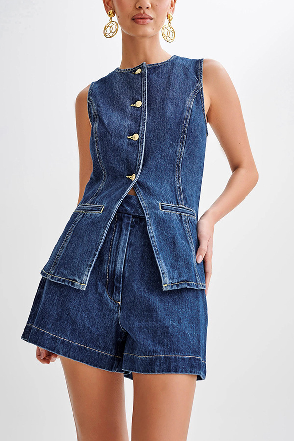 Abel Denim Button Up Princess Seams Pocket Vest Top-consonak